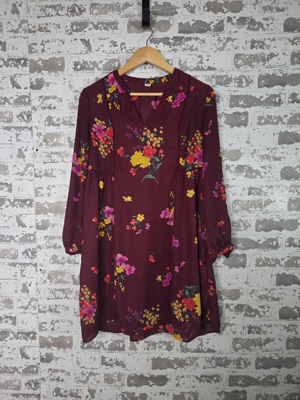 Old Navy Floral Swing Dress Burgundy Plum Magenta Long Sleeve Boho Small